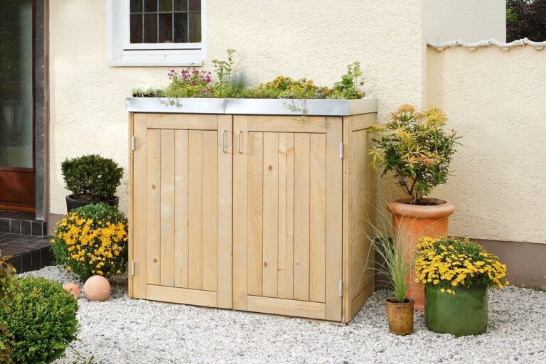BINTO Mülltonnenbox aus Nadelholz mit bepflanzter Edelstahl-Pflanzschale