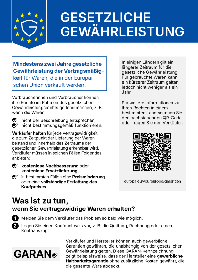 Amtliche EU-Mitteilung „Gesetzliche Gewährleistung“ – Wortlaut unten als Text