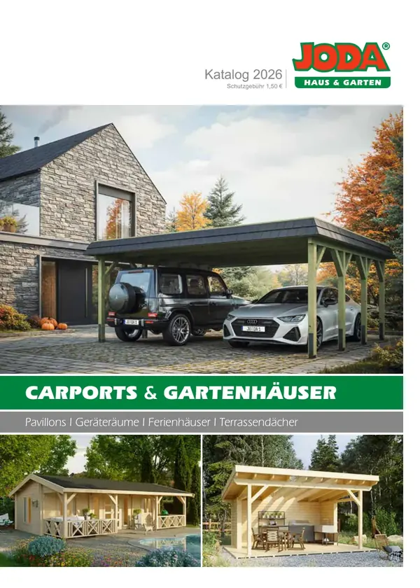 Titelseite Joda Katalog 2026 Carports und Gartenhäuser